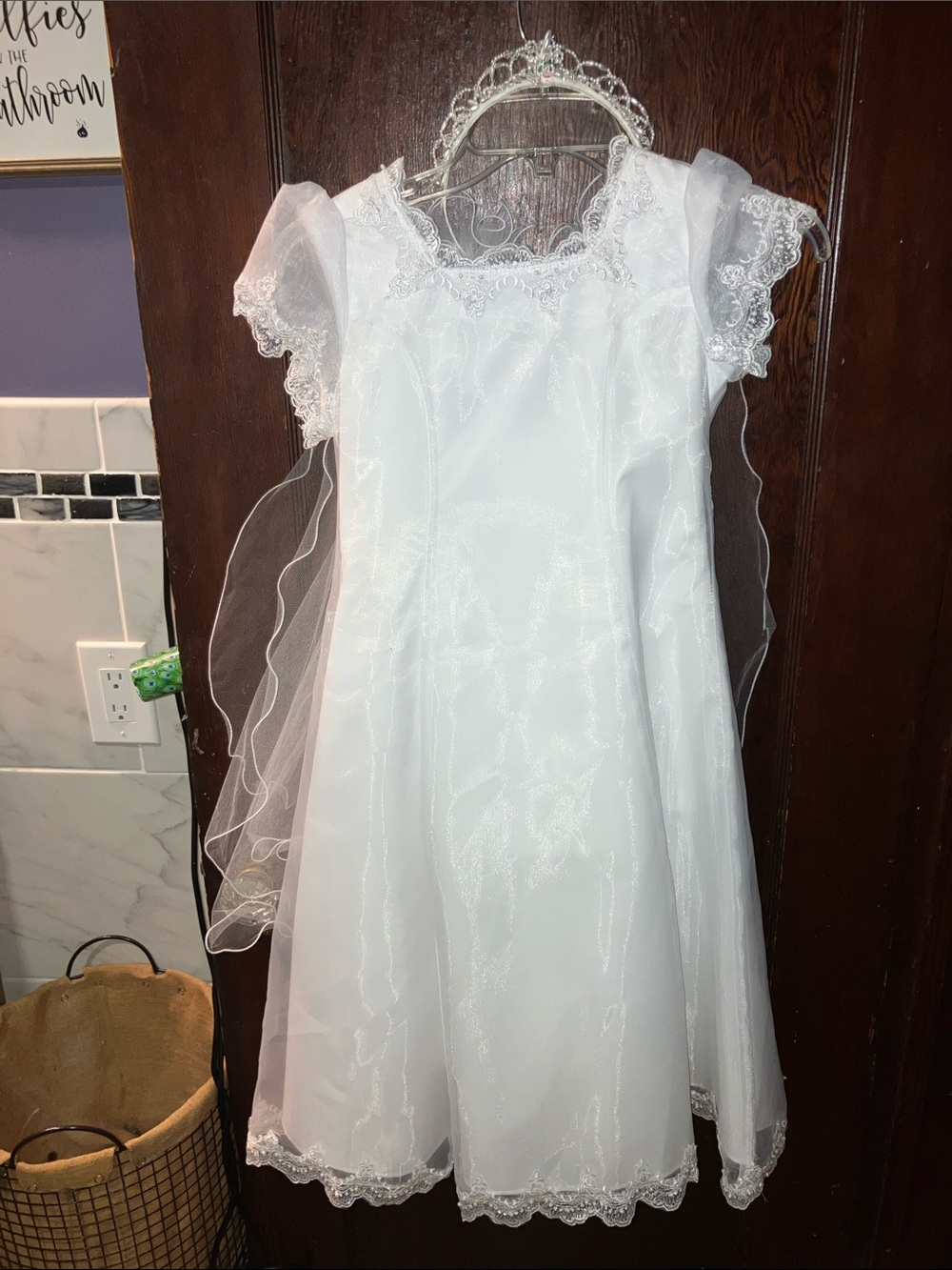 Girl 1st Communion Wedding Flower Girl Easter White Dress with VEIL